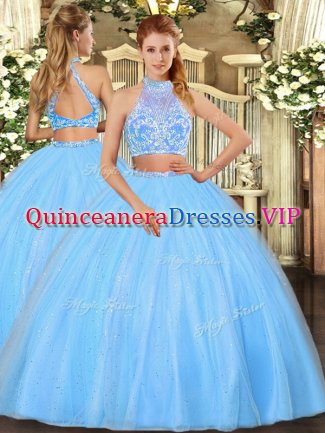 Cute Aqua Blue Sleeveless Floor Length Beading Criss Cross Quinceanera Dresses