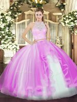 Beautiful Sleeveless Tulle Floor Length Zipper Ball Gown Prom Dress in Lilac with Lace and Ruffles
