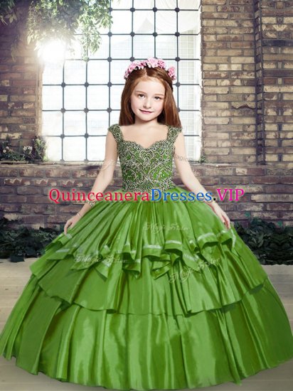 Green Ball Gowns Taffeta Straps Sleeveless Beading Floor Length Lace Up Kids Pageant Dress - Click Image to Close