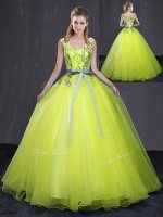 Decent Yellow Green Ball Gowns Appliques and Belt Quinceanera Gown Lace Up Tulle Sleeveless Floor Length