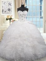 Organza Sweetheart Sleeveless Brush Train Lace Up Beading and Ruffles Vestidos de Quinceanera in White