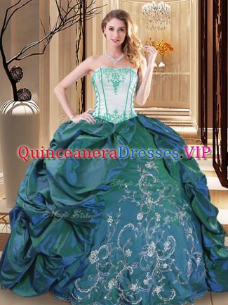 Fitting Turquoise Taffeta Lace Up Strapless Sleeveless Floor Length 15th Birthday Dress Embroidery and Pick Ups