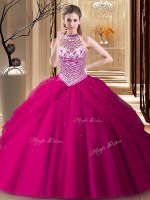 Halter Top Fuchsia Sleeveless Brush Train Beading and Pick Ups With Train Sweet 16 Quinceanera Dress(SKU YSQD044-1BIZ)
