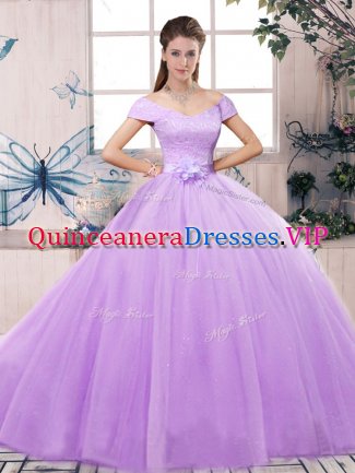 Floor Length Lace Up Quinceanera Dresses Lavender for Military Ball and Sweet 16 and Quinceanera with Lace and Hand Made Flower