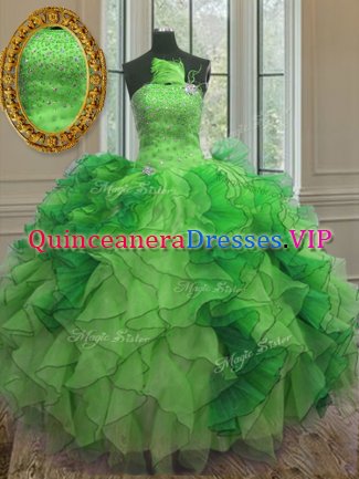 Fashionable Green Ball Gowns Strapless Sleeveless Organza Floor Length Lace Up Beading and Ruffles Ball Gown Prom Dress