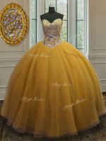 New Arrival Gold Tulle Lace Up Sweetheart Sleeveless Floor Length Sweet 16 Quinceanera Dress Beading