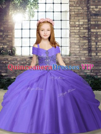 Lavender Sleeveless Beading Floor Length Kids Formal Wear
