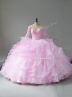 Floor Length Pink 15 Quinceanera Dress V-neck Long Sleeves Lace Up