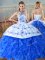 Latest Royal Blue Ball Gowns Embroidery and Ruffles Quinceanera Gowns Lace Up Organza Sleeveless