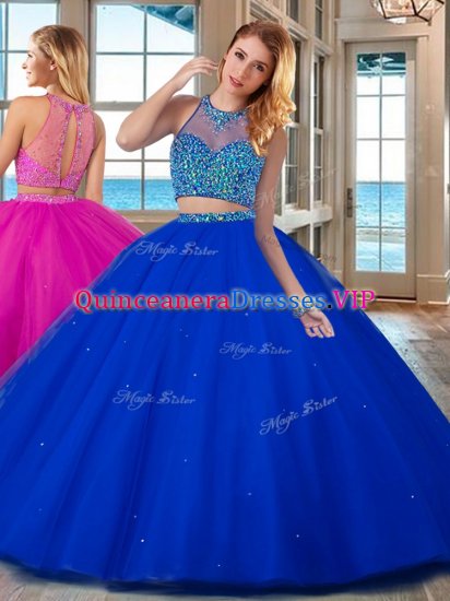 Wonderful Royal Blue Tulle Lace Up Quinceanera Gown Sleeveless Floor Length Beading - Click Image to Close