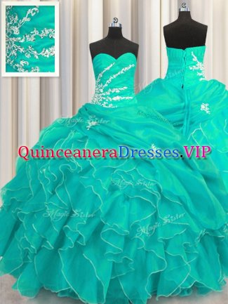 High Quality Floor Length Lace Up Sweet 16 Dresses Turquoise for Military Ball and Sweet 16 and Quinceanera with Beading and Appliques and Ruffles