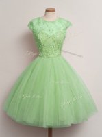 High Class Tulle Lace Up Quinceanera Court of Honor Dress Cap Sleeves Knee Length Lace