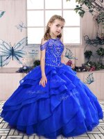 Royal Blue Organza Lace Up Scoop Sleeveless Floor Length Girls Pageant Dresses Beading(SKU PAG1197-6BIZ)