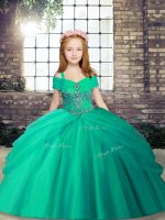 Turquoise Ball Gowns Beading Little Girls Pageant Dress Wholesale Lace Up Tulle Sleeveless Floor Length