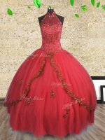 Halter Top Sleeveless Quince Ball Gowns Floor Length Beading Red Tulle
