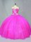 Customized Fuchsia Ball Gowns Sweetheart Sleeveless Tulle Floor Length Lace Up Beading Quince Ball Gowns