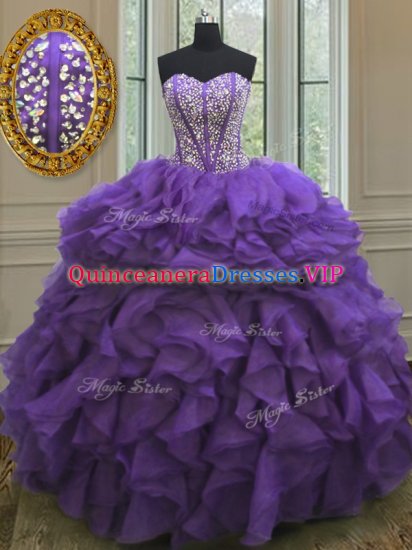 Beauteous Eggplant Purple Ball Gowns Beading and Ruffles Quinceanera Dress Lace Up Organza Sleeveless Floor Length - Click Image to Close