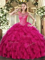 Simple Fuchsia Sleeveless Floor Length Beading and Ruffles Lace Up 15th Birthday Dress