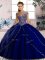 Most Popular Cap Sleeves Beading Lace Up 15 Quinceanera Dress with Royal Blue Brush Train