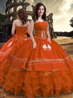 Popular Sleeveless Taffeta Floor Length Zipper Quinceanera Dress in Rust Red with Embroidery and Ruffled Layers