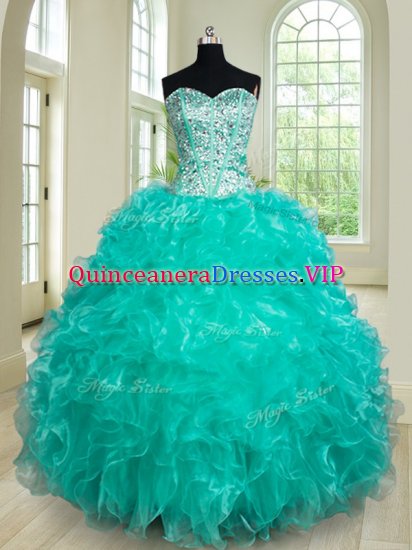 New Arrival Turquoise Sleeveless Beading and Ruffles Floor Length Quinceanera Gown - Click Image to Close