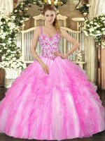 Best Selling Sleeveless Lace Up Floor Length Appliques and Ruffles Ball Gown Prom Dress