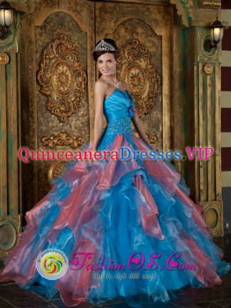 Remarkable Sky Blue and Watermelon Red Lace Up Beading and Ruffles Decorate Bodice For Quinceanera Dress Strapless Organza Ball Gown in Roxboro Carolina/NC