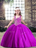 Attractive Fuchsia Little Girls Pageant Dress Party and Military Ball and Wedding Party with Beading Straps Sleeveless Lace Up