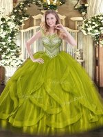 Inexpensive Sleeveless Tulle Floor Length Lace Up Ball Gown Prom Dress in Olive Green with Beading