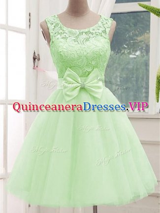 Modern Yellow Green Sleeveless Knee Length Lace and Bowknot Lace Up Dama Dress for Quinceanera