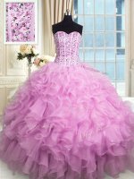 Delicate Lilac Sweetheart Neckline Beading and Ruffles and Sequins Quinceanera Gown Sleeveless Lace Up