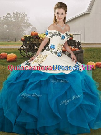 Decent Off The Shoulder Sleeveless Sweet 16 Dresses Floor Length Embroidery and Ruffles Blue And White Tulle