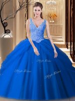 Amazing Pick Ups Blue Sleeveless Tulle Backless Quinceanera Gown for Military Ball and Sweet 16 and Quinceanera