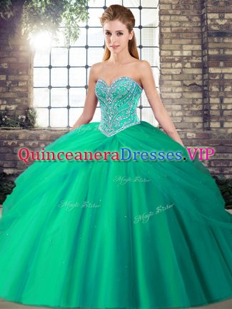 Designer Brush Train Ball Gowns Quinceanera Dresses Turquoise Sweetheart Tulle Sleeveless Lace Up