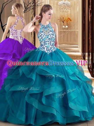 Scoop Teal Tulle Lace Up Quince Ball Gowns Sleeveless Brush Train Embroidery and Ruffles