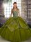 Straps Sleeveless Quinceanera Gown Floor Length Beading and Embroidery Olive Green Tulle