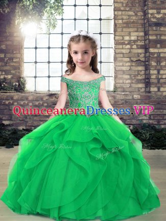 Enchanting Floor Length Green Girls Pageant Dresses Off The Shoulder Sleeveless Lace Up