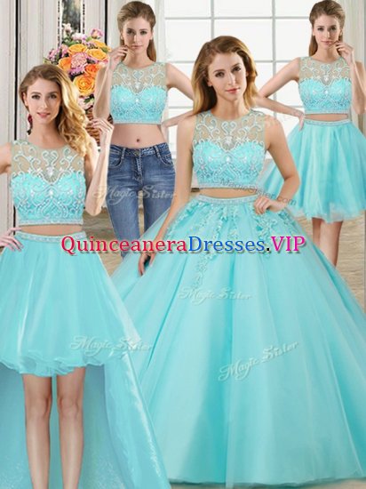 Fashion Four Piece Scoop Sleeveless Zipper Quinceanera Dress Aqua Blue Tulle - Click Image to Close