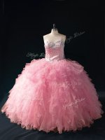 Latest Pink Quince Ball Gowns Sweet 16 and Quinceanera with Beading and Ruffles Sweetheart Sleeveless Lace Up