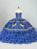 Admirable Blue Sleeveless Brush Train Embroidery and Ruffled Layers Quince Ball Gowns