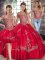 High Class Red Three Pieces Off The Shoulder Sleeveless Tulle Floor Length Lace Up Beading and Embroidery Ball Gown Prom Dress