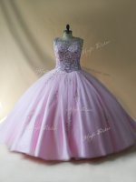 Baby Pink Ball Gowns Beading Quinceanera Gowns Lace Up Tulle Sleeveless Floor Length