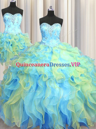Three Piece Multi-color Sleeveless Beading and Appliques and Ruffles Floor Length Quinceanera Gowns - Click Image to Close