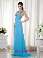 Sexy Baby Blue Column V-neck Brush Train Chiffon Beading and Ruch Quinceanera Dama Dress in Jupiter FL