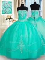 Simple Turquoise Lace Up Strapless Beading and Appliques Quinceanera Dress Organza Sleeveless