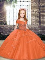 Best Orange Ball Gowns Tulle Spaghetti Straps Sleeveless Beading Floor Length Lace Up Pageant Dress for Teens