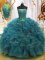 Sumptuous Beading and Ruffles 15th Birthday Dress Teal Lace Up Sleeveless Floor Length