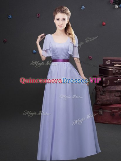 Square Short Sleeves Zipper Floor Length Ruching and Belt Court Dresses for Sweet 16 - Click Image to Close