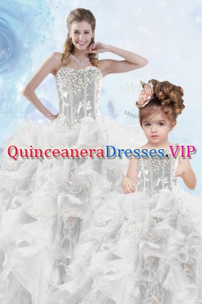 Silver Ball Gowns Beading and Ruffles and Sequins Ball Gown Prom Dress Lace Up Organza Sleeveless Floor Length