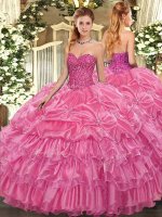 Top Selling Rose Pink Ball Gowns Sweetheart Sleeveless Organza Floor Length Lace Up Beading and Ruffled Layers and Pick Ups 15 Quinceanera Dress